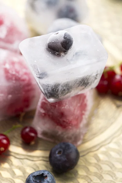 Fresh berry fruits frozen in ice cubes — Stock Photo, Image