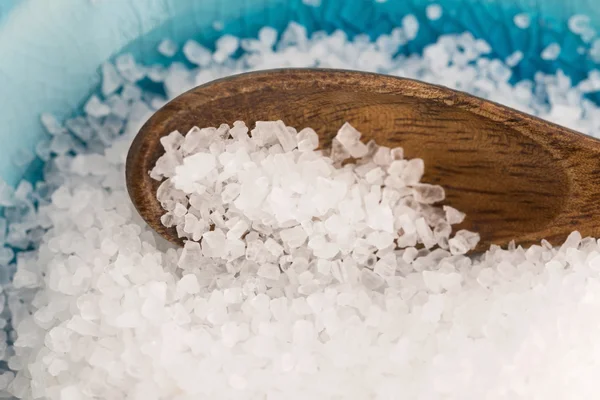 Sea salt in blue bowl — Stock Photo, Image