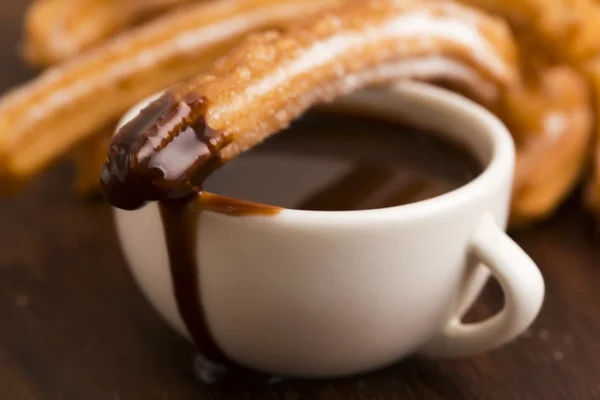 Deliciuos spanish Churros with hot chocolate — Stock Photo, Image