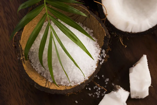 Baño de coco. coco con sal marina — Foto de Stock
