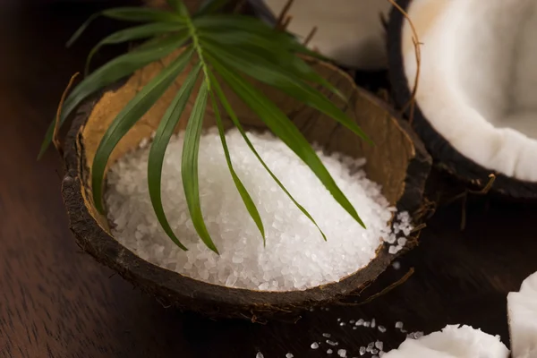 Bagno di cocco. cocco con sale marino — Foto Stock