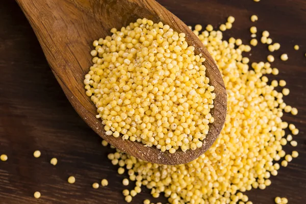 Millet on wooden spoon — Stock Photo, Image