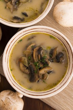 Bir tablo üzerinde mantar çorbası