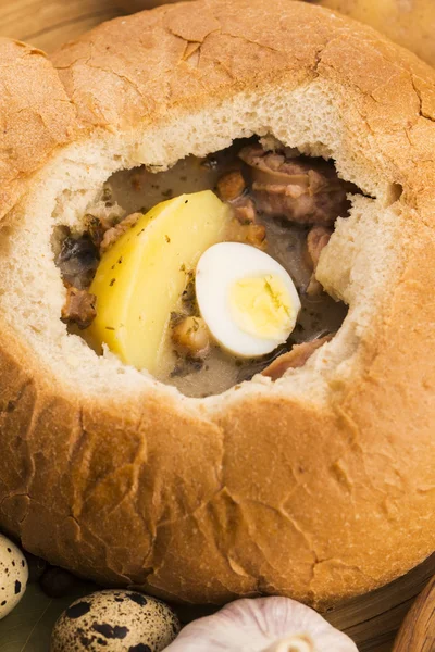 Traditional white borscht (zurek) with sausage,egg and mushrooms — Stock Image Traditional white borscht (zurek) with sausage,egg and mushrooms Royalty Free Stock Images
