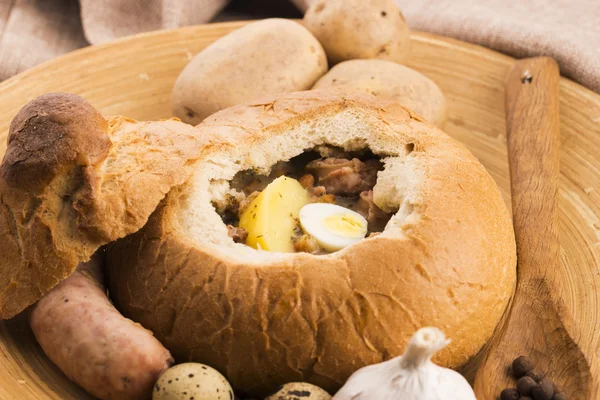 Traditional white borscht (zurek) with sausage,egg and mushrooms — Stock Image Traditional white borscht (zurek) with sausage,egg and mushrooms Stock Photo