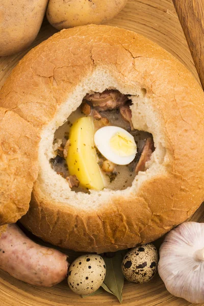 Traditional white borscht (zurek) with sausage,egg and mushrooms — Stock Image Traditional white borscht (zurek) with sausage,egg and mushrooms Stock Image
