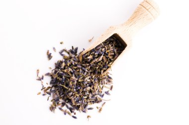 Lavanta Herb Bud çiçek çay izole yığın yığın yüzey Üstten Görünüm