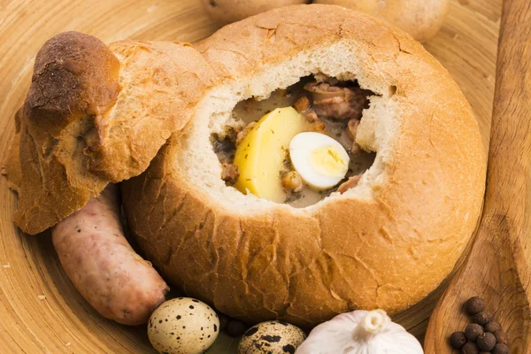 Traditional white borscht (zurek) with sausage,egg and mushrooms — Stock Image Traditional white borscht (zurek) with sausage,egg and mushrooms Stock Image