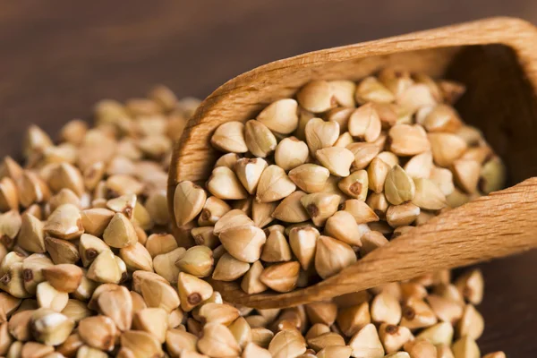 Buckwheat with a spoon on a wooden boards background — Stock Photo, Image