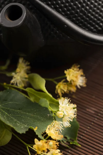 Çaydanlık ve bardak ıhlamur çayı ve çiçeklerle — Stok fotoğraf