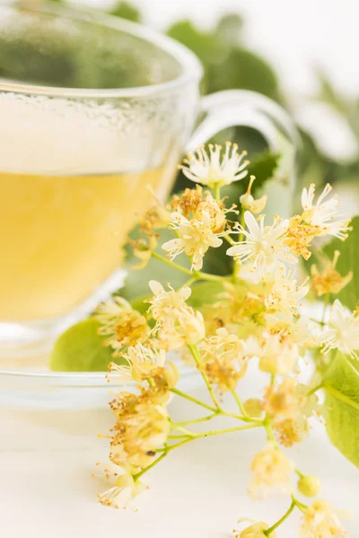 Teapot and cup with linden tea and flowers — Stock Photo, Image