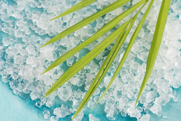 Bath salt and palm leaf — Stock Photo, Image