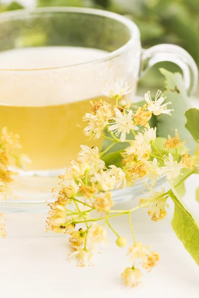 Teapot and cup with linden tea and flowers — Stock Photo, Image