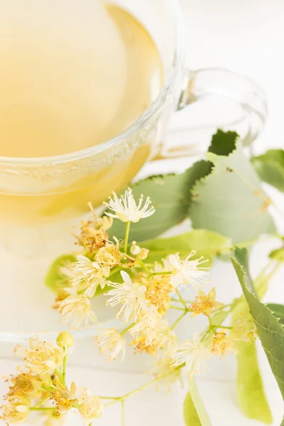 Teapot and cup with linden tea and flowers — Stock Photo, Image