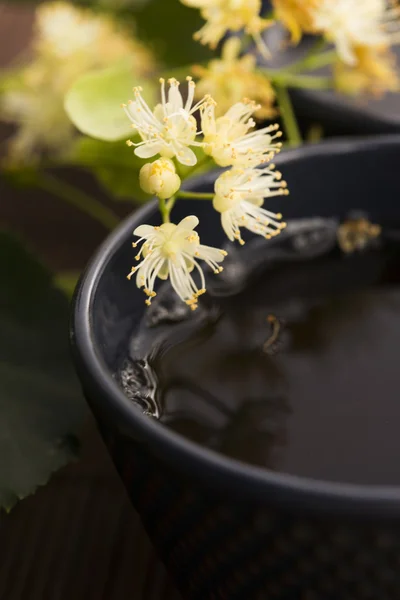 Bule e xícara com chá de tília e flores — Fotografia de Stock