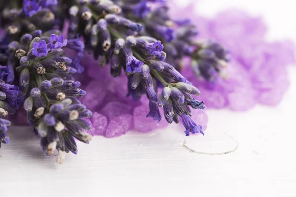 Sal de banho de lavanda e alguma lavanda fresca — Fotografia de Stock