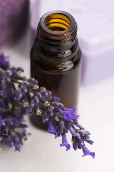 Óleo essencial e flores de lavanda — Fotografia de Stock