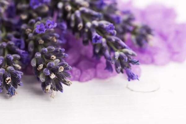 Sal de banho de lavanda e alguma lavanda fresca — Fotografia de Stock