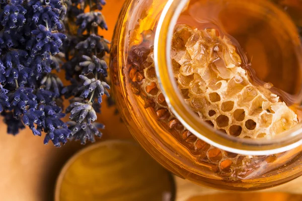 Lavendel honey med bee pollen och honung kam — Stockfoto