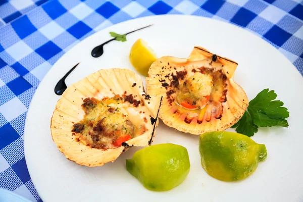 Bakte kamskjell med brødsmuler – stockfoto