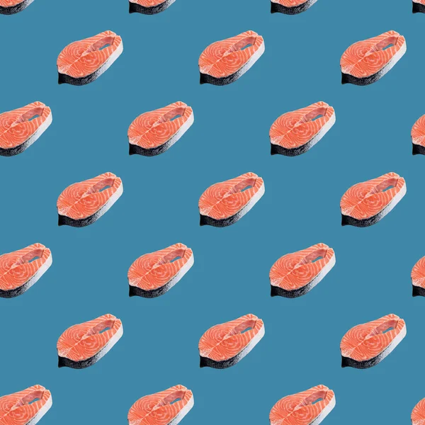 Raw Salmon Steak Pattern Blue Background Flat Lay — Stock Photo, Image