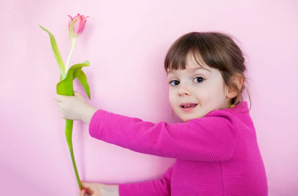 Cute Little Girl Pink Dress Holding Out Pink Tulip Pink — Stock Photo, Image