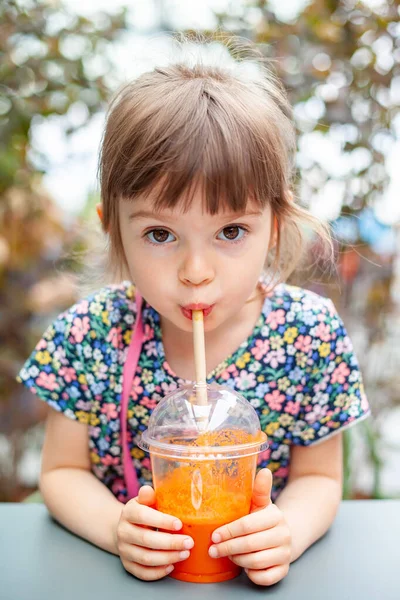 Linda Chica Años Bebiendo Jugo Zanahoria Fresca Con Asientos Paja —  Fotos de Stock