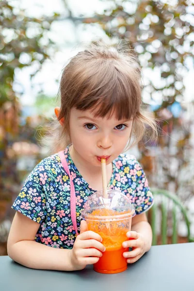 Linda Niña Bebiendo Jugo Zanahoria Fresca Con Asientos Paja Aire —  Fotos de Stock