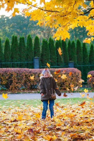 Χαριτωμένο Κορίτσι Ετών Που Παίζει Φύλλα Στο Πάρκο Φθινόπωρο Φθινοπωρινή — Φωτογραφία Αρχείου