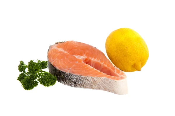 Raw salmon steak, lemon and parsley — Stock Photo, Image