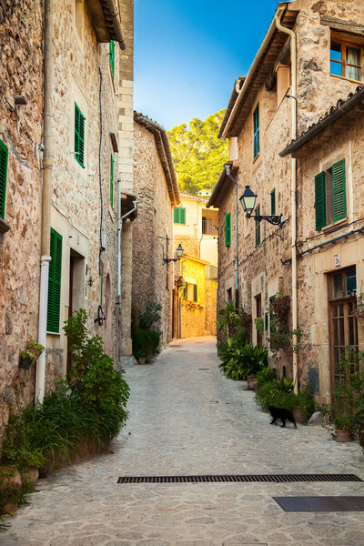 Narrow cozy street in the small village Valldemossa, Mallorca, Spain