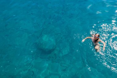 Yaz tatili için bir balık sürüsüyle kristal berrak turkuaz deniz suyunda yüzen ve şnorkelle yüzen genç kız.