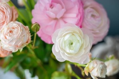 Bahar kutlama kartı ya da çiçekçi reklam konsepti için yumuşak odaklı bir bukette pembe ve beyaz ranunculus çiçeklerinin güzel yakın çekimi