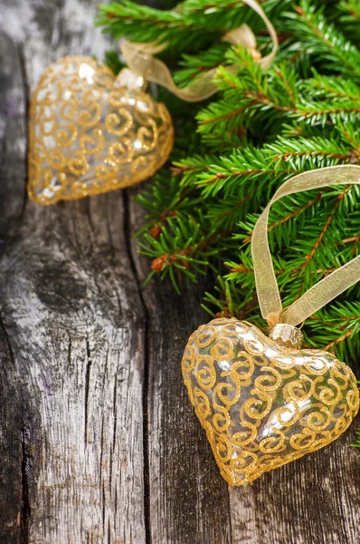 Spruce branches decorated golden hearts — Stock Photo, Image