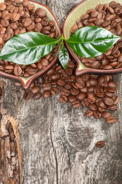 Kaffe korn och blad på trä bakgrund — Stockfoto
