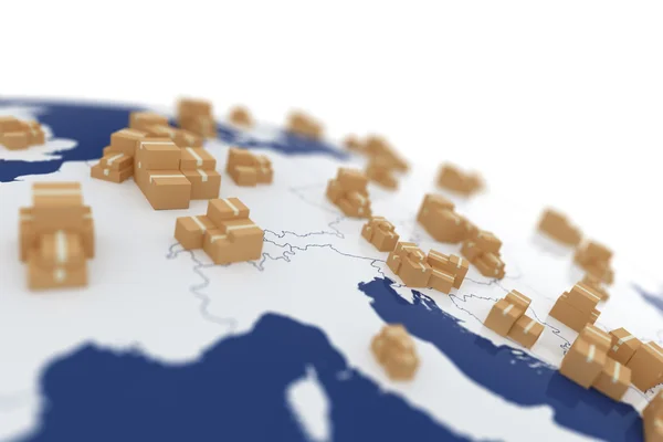 Cardboard boxes on the Europe map — Stock Photo, Image