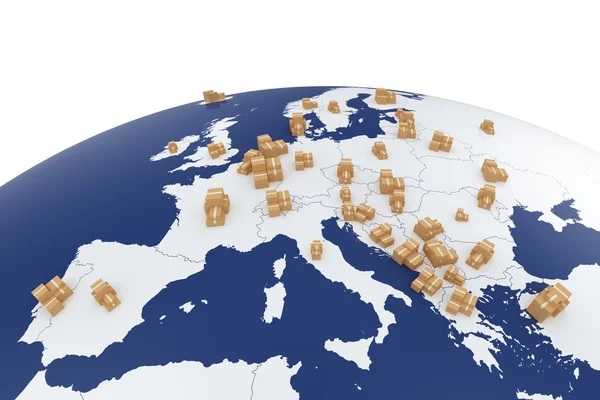 Cardboard boxes on the Europe map — Stock Photo, Image