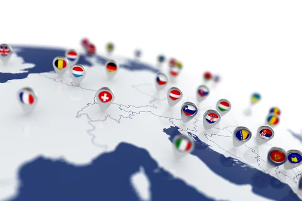 Mapa Evropa s kolíky umístění vlajky zemí — Stock fotografie