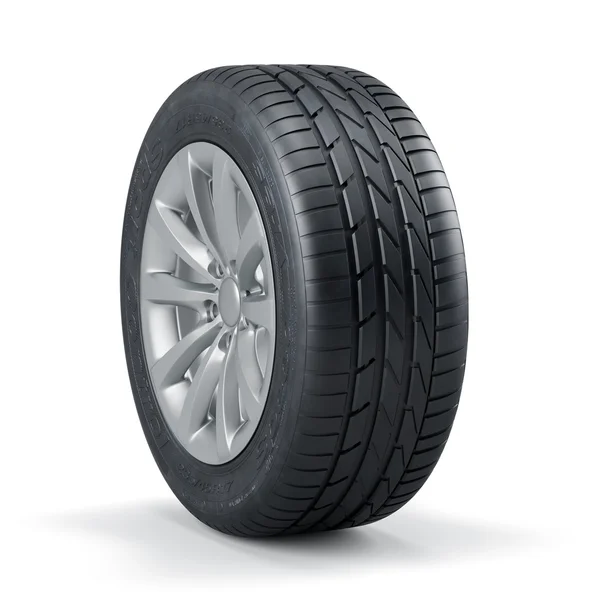 Single new unused car tire with rim isolated — Stock Photo, Image