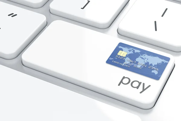 Credit card on the computer keyboard. Pay now computer button co — Stock Photo, Image