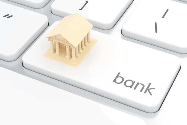Icona della banca sulla tastiera del computer bianco. Concetto di E-banca — Foto Stock