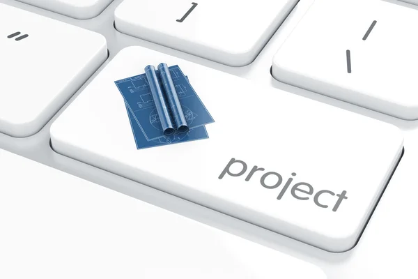 Technology project blueprint on the white enter computer keyboar — Stock Photo, Image