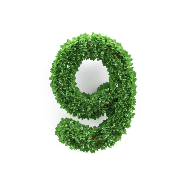 Green leaves 9 nine ecology digits alphabet font — Stock Photo, Image