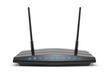 Kablosuz wi-fi ile iki anten ve mavi gösterge siyah yönlendirici
