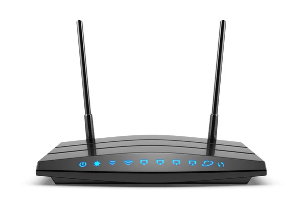 Sem fio wi-fi roteador preto com duas antenas e o indicador azul — Fotografia de Stock