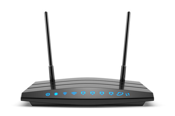Wireless wi-fi black router with two antennas and blue indicator