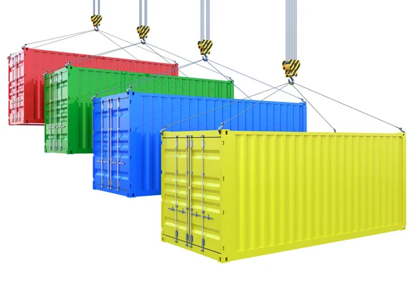 Verschiedene Farben Frachtcontainer am Kranhaken isoliert — Stockfoto