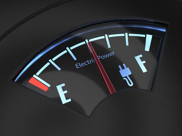 Indicatore livello carburante elettrico con l'ago che indica una batteria centrale — Foto Stock