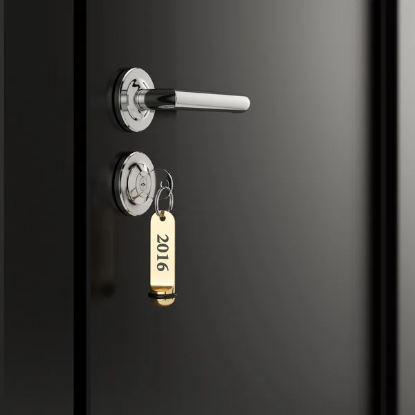 Złoty lable 2016 klucz w drzwiach — Zdjęcie stockowe