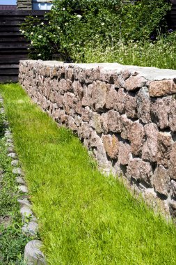 Taşların arasında büyüyen çimenli bahçe taşı patikası.